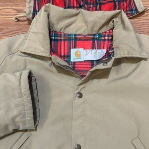 Vtg 1980's Carhartt Nylon Work Chore Coat Large Blanket Lined Sz L Hooded DAMAGE